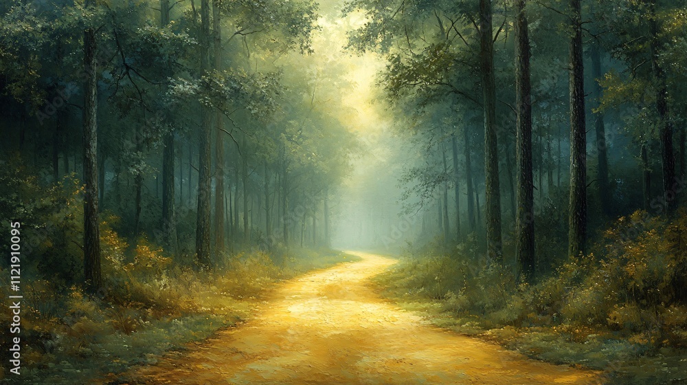 Obraz premium A serene forest pathway illuminated by soft sunlight, inviting exploration and evoking a sense of tranquility and connection with nature.