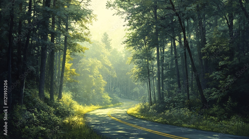 Fototapeta premium A serene forest road bathed in soft sunlight, surrounded by lush greenery and tall trees, inviting peaceful exploration.