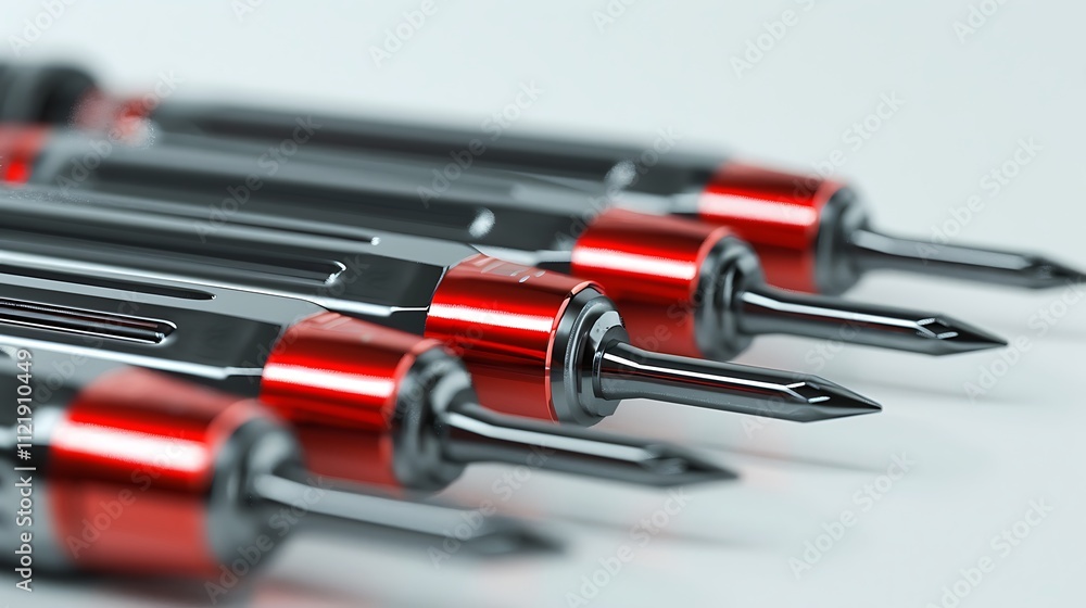 A heavy-duty industrial screwdrivers set placed on a white surface. A heavy-duty industrial screwdrivers set placed on a white surface.