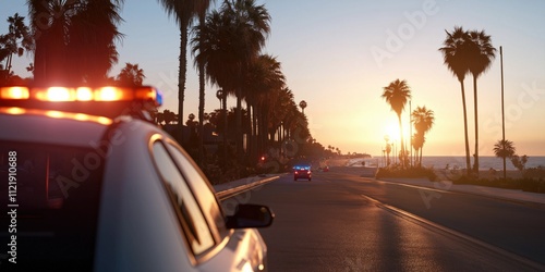 A summer scene of police lights flashing on top of a patrol car photo