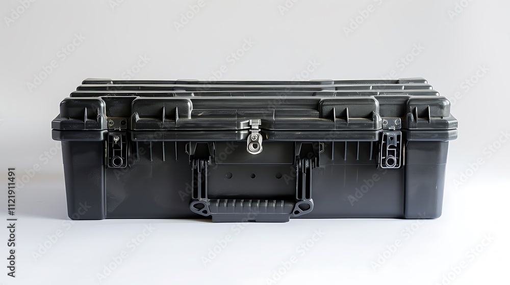 A heavy-duty plastic tool box with metal latches, placed against a white background. A heavy-duty plastic tool box with metal latches, placed against a white background.