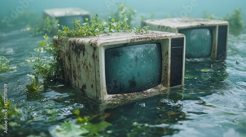 Submerged Retro Televisions in a Verdant Aquatic Environment