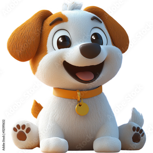 Cute, Cartoon-Style White and Brown Patch Dog with Bell Collar and Expressive Eyes