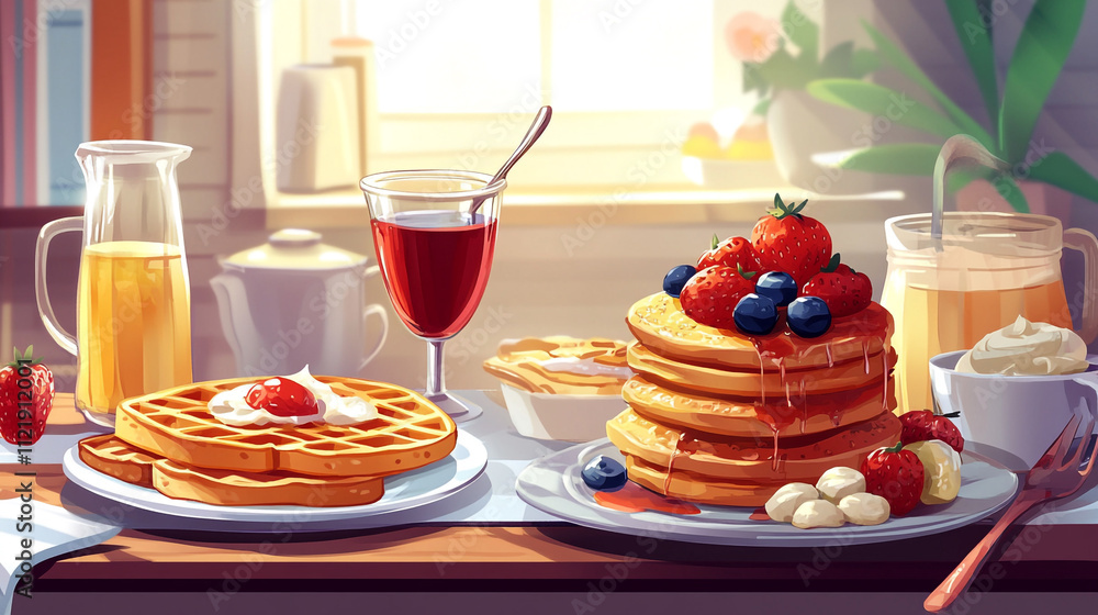 Delicious brunch spread featuring pancakes, waffles, and fresh fruits at a sunny table Delicious brunch spread featuring pancakes, waffles, and fresh fruits at a sunny table