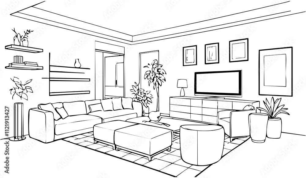 Fototapeta premium Hand-drawn interior. Big Cosy living room with sofa, wardrobe, painting and plants. Vector illustration