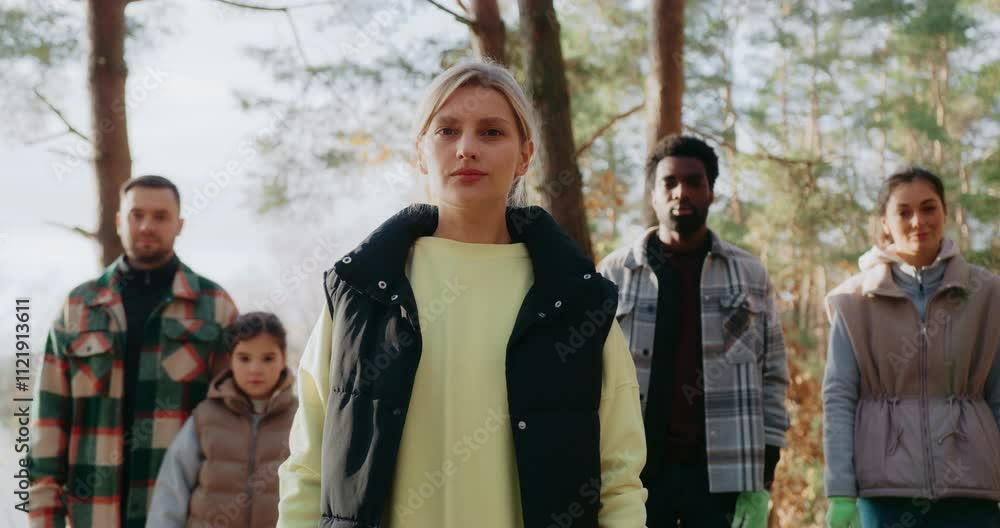 Camera holding focus on beautiful girls face. Woman standing still and not showing emotions. Looking at camera. Friends standing in line in blurred background. Sunny weather. Autumn. Camera holding focus on beautiful girls face. Woman standing still and not showing emotions. Looking at camera. Friends standing in line in blurred background. Sunny weather. Autumn.