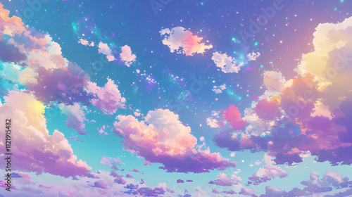 Ai generated illustration of a star-studded night sky featuring a multitude of multicolored clouds. Auric. Illustration
