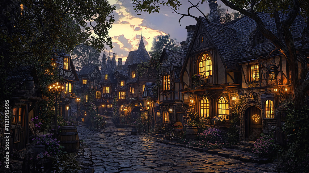 Fototapeta premium A charming, enchanting village scene bathed in the soft glow of evening light. The narrow cobblestone street is lined with picturesque houses featuring half-timbered architecture, steeply pitched roof