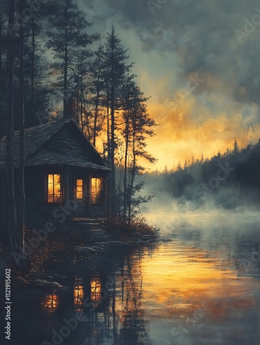 Secluded Cabin by the Lake at Sunset: A Serene Evening