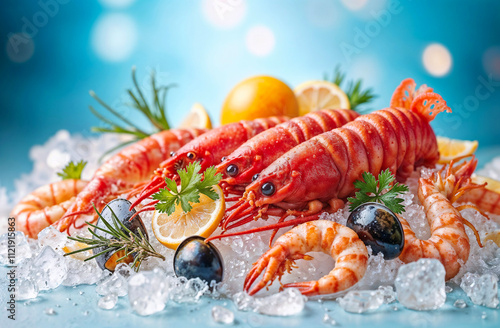 A plate of seafood with shrimp, lemon, and black olives photo