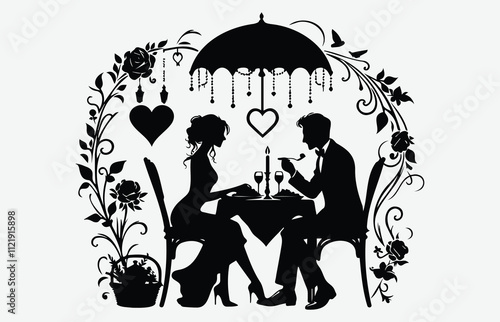 Silhouette of Romantic Couple Candlelight Dinner Scenes for Love-Themed Design and Art Projects