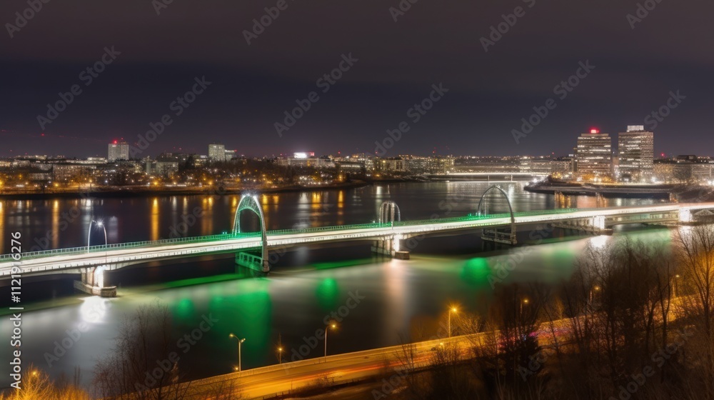 Fototapeta premium Night view of a lit bridge over a river with city skyline in the background.