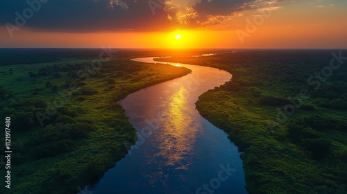 Majestic Sunset Over a Serpentine River in Lush Green Landscape
