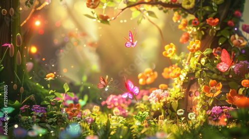 A colorful, lush forest with butterflies flying around and flowers blooming