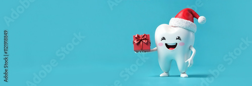 Cartoon smiling tooth in a festive Santa hat holding a present, light blue background . Mockup, magical xmas banner, web, wallpaper, template. Xmas greeting card in dental clinic, banner