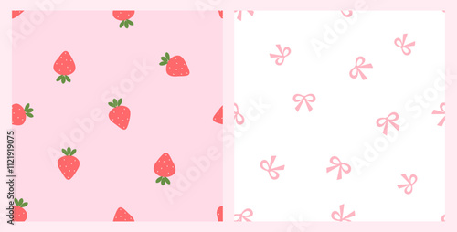 Seamless patterns of strawberry with green leaves and ribbon bows on pink and white backgrounds vector.