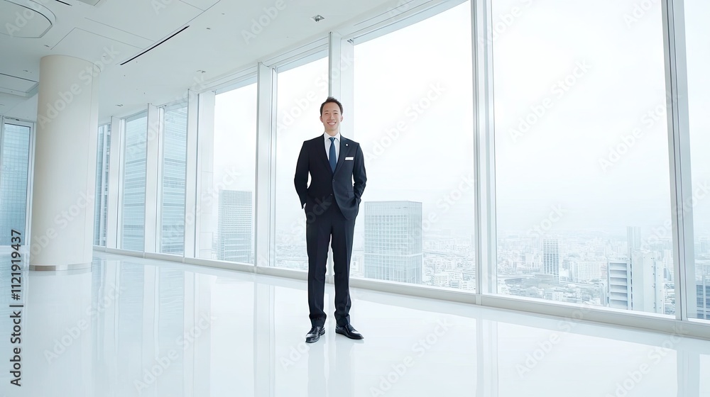 A young Japanese man in business attire smiles in a contemporary office, showcasing happiness and confidence against a backdrop of large windows and a modern city view A young Japanese man in business attire smiles in a contemporary office, showcasing happiness and confidence against a backdrop of large windows and a modern city view