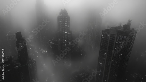 Foggy Metropolis: A Monochromatic Cityscape at Night