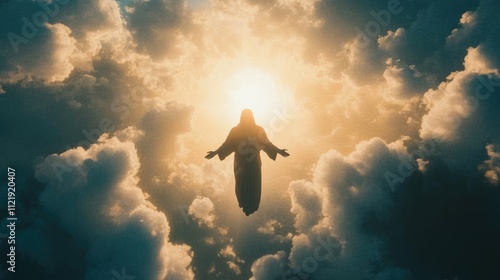 Ascension of Jesus in clouds Second coming Christian Easter Faith Christianity. silhouette concept photo