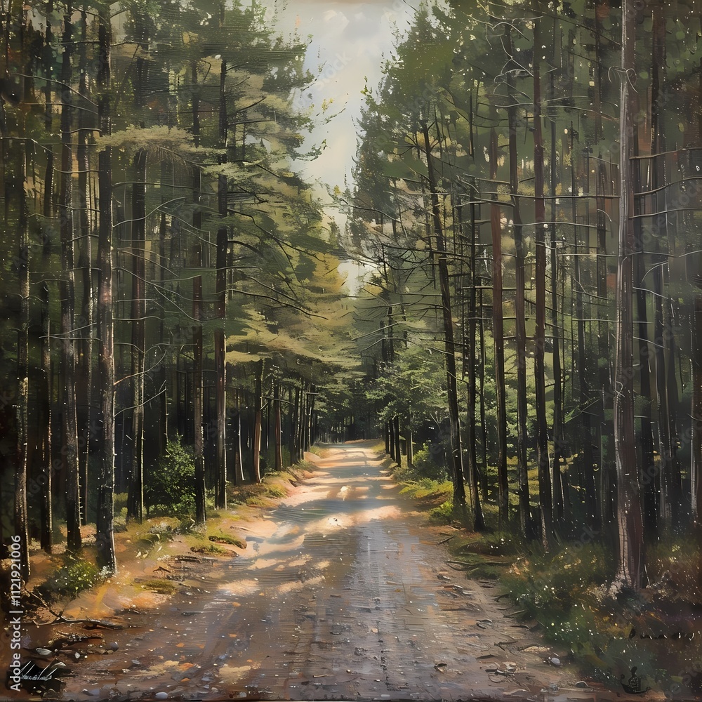 Obraz premium Realistic Forest Landscape with Sunlit Path