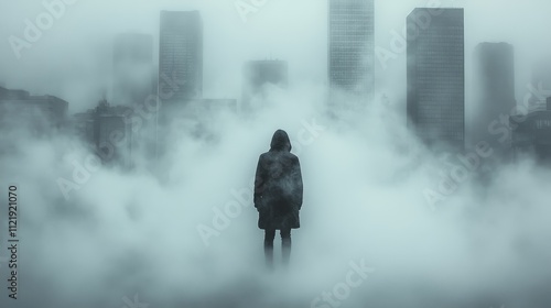 Mysterious Figure in Foggy Cityscape: A Dark, Brooding Urban Scene