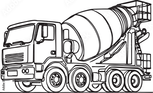 Line Drawing of Concrete Mixer Truck on Clean White Background