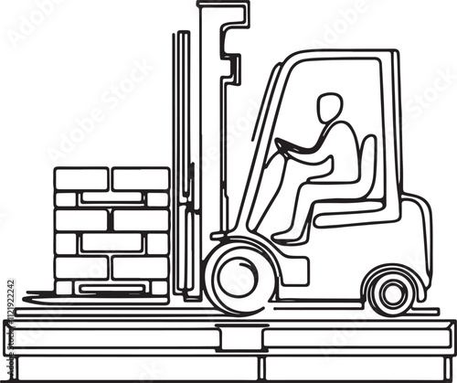 Minimalist Line Drawing of Forklift Lifting Pallets Simple Vector Art on White Background photo