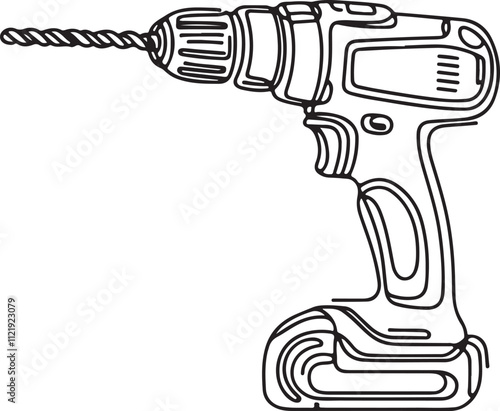 Electric Drill with Spiral Bit Line Art Simple and Minimalist Design on White Background