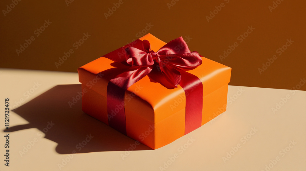 Orange Gift Box with Red Ribbon Festive Present Holiday Surprise Orange Gift Box with Red Ribbon Festive Present Holiday Surprise
