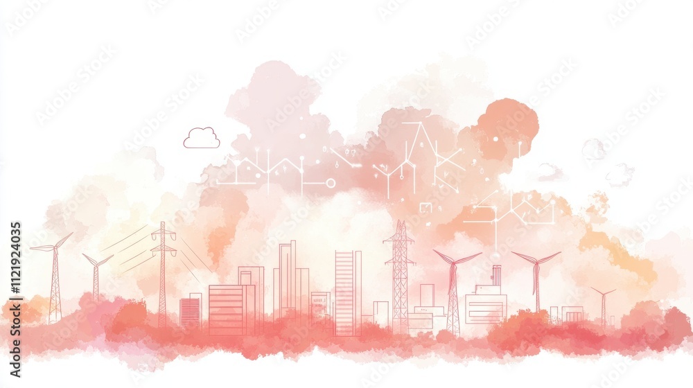 A watercolor illustration of a modern city skyline with wind turbines and clouds. A watercolor illustration of a modern city skyline with wind turbines and clouds.