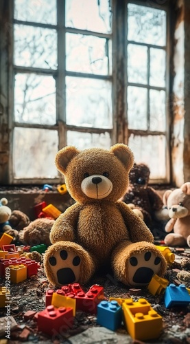 In an abandoned room, scattered toys include teddy bears and building blocks photo