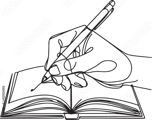 Line Drawing of Hand Writing in a Book with Pen on Clean White Background