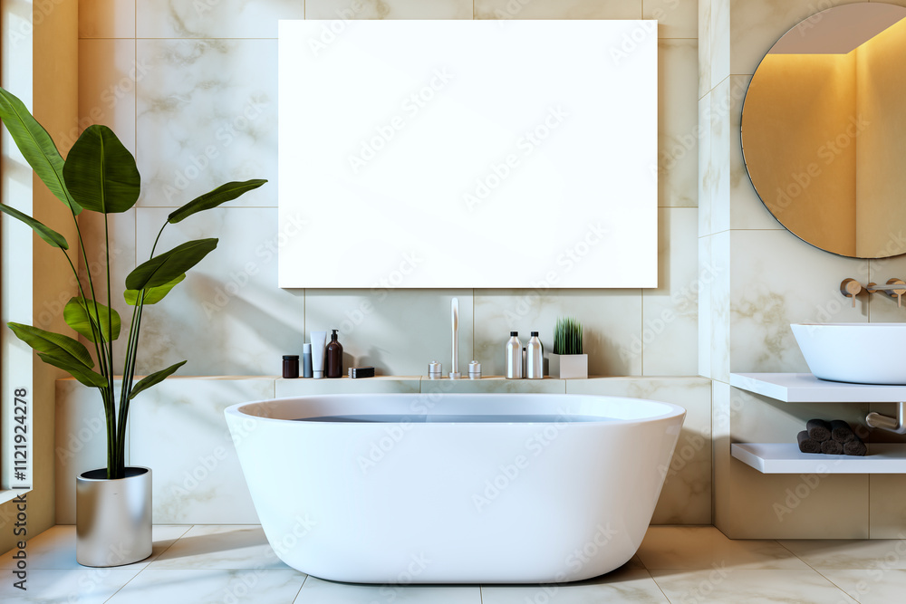 Fototapeta premium Modern luxury bathroom interior with freestanding bathtub, blank canvas on marble wall, and elegant decor elements. 3D Rendering