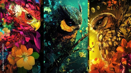 Colorful vibrant fantasy owl and bird artwork. photo