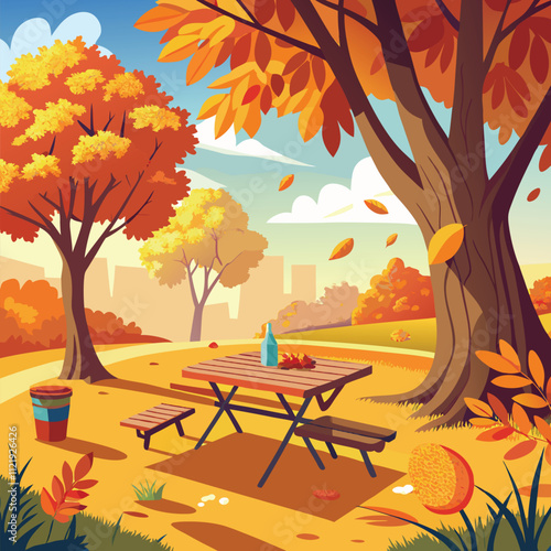 Picnic table with wine bottle and snacks under colorful autumn trees