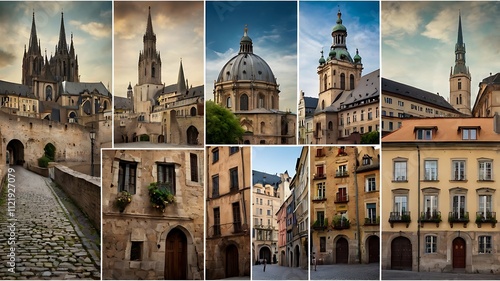 Fototapeta Naklejka Na Ścianę i Meble -  A Collage Of European Architectural Details And Cityscapes