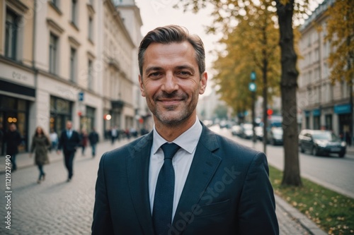 Close portrait of a smiling 40s Serbian businessman looking at the camera, Serbian big city outdoors blurred background