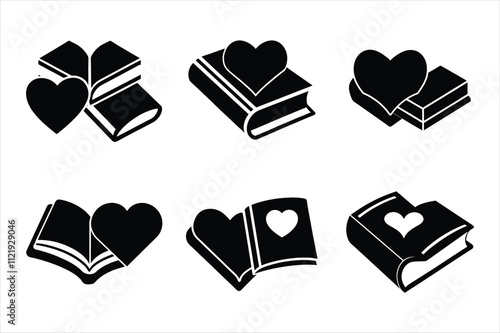 Set of books favourite genre or love story silhouette icon vector illustration,love story book,heart shape,book on white background.