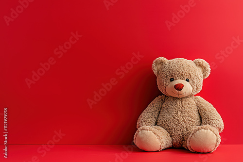 soft plush teddy bear with cheerful expression sits against vibrant red background, evoking feelings of warmth and comfort. This adorable companion is perfect for gifts or decor