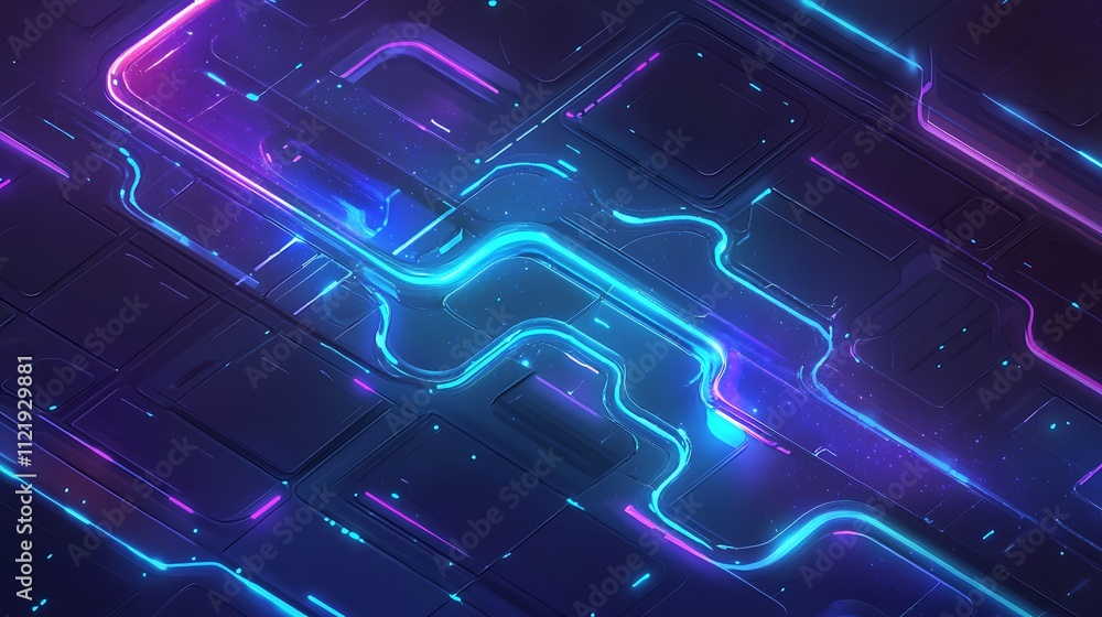 A sci-fi isometric design showcasing glowing blue and purple wavy lines with a futuristic dotted pattern. A sci-fi isometric design showcasing glowing blue and purple wavy lines with a futuristic dotted pattern.