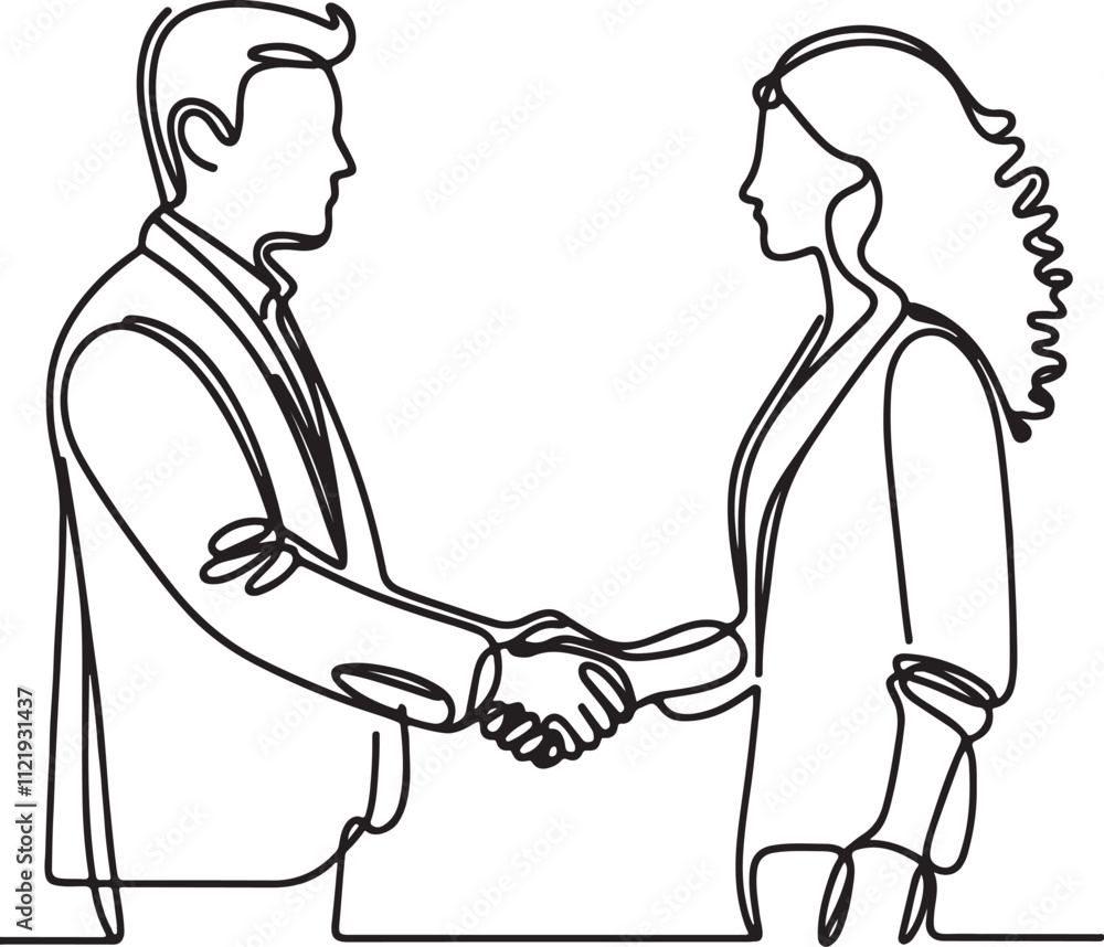 Line Art of Man and Woman Handshaking on Clean White Background Line Art of Man and Woman Handshaking on Clean White Background
