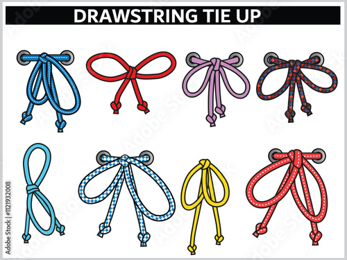 DRAWSTRING CORD FLAT SKETCH SET OF TIE KNOT WITH AGLETS FOR WAIST BAND, BAGS, SHOES, JACKETS, SHORTS, PANTS, DRESS GARMENTS, DRAWCORD AGLETS FOR CLOTHING AND ACCESSORIES VECTOR ILLUSTRATION