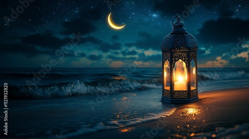 Ramadan greeting poster image, Beautiful lantern lamp on the beach with crescent moon on the night sky, Ramadan Kareem and Eid Mubarak photography. with copy space.