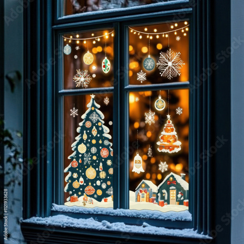 house window decorated with colorful, kid friendly xmas stickers and decal photo