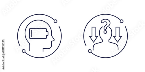 burnout, fatigue line icons with low battery