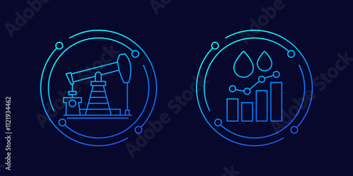 Oil pump jack, oil prices growth icons, linear design
