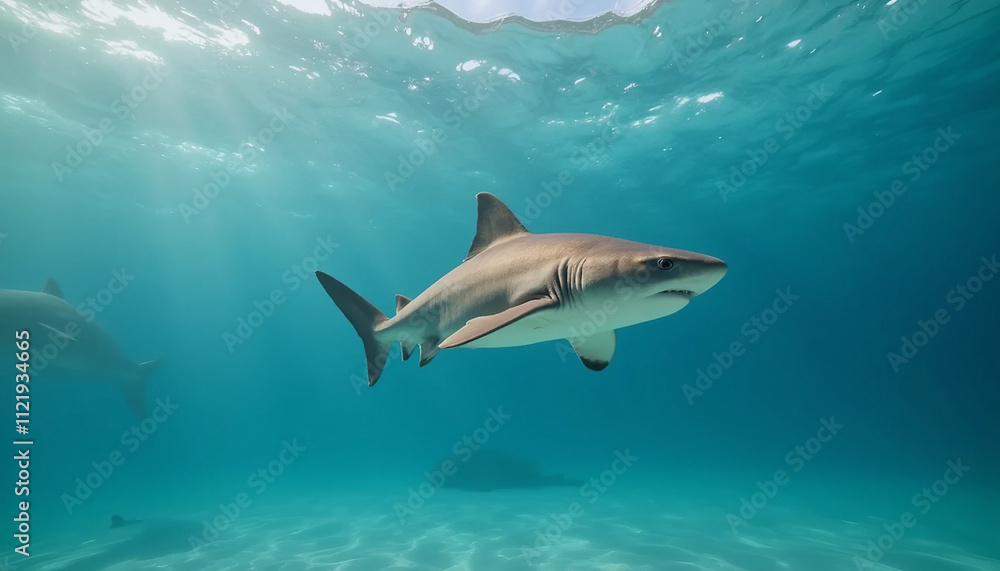 Fototapeta premium Photorealistic baby shark close-up swimming near the water's surface
