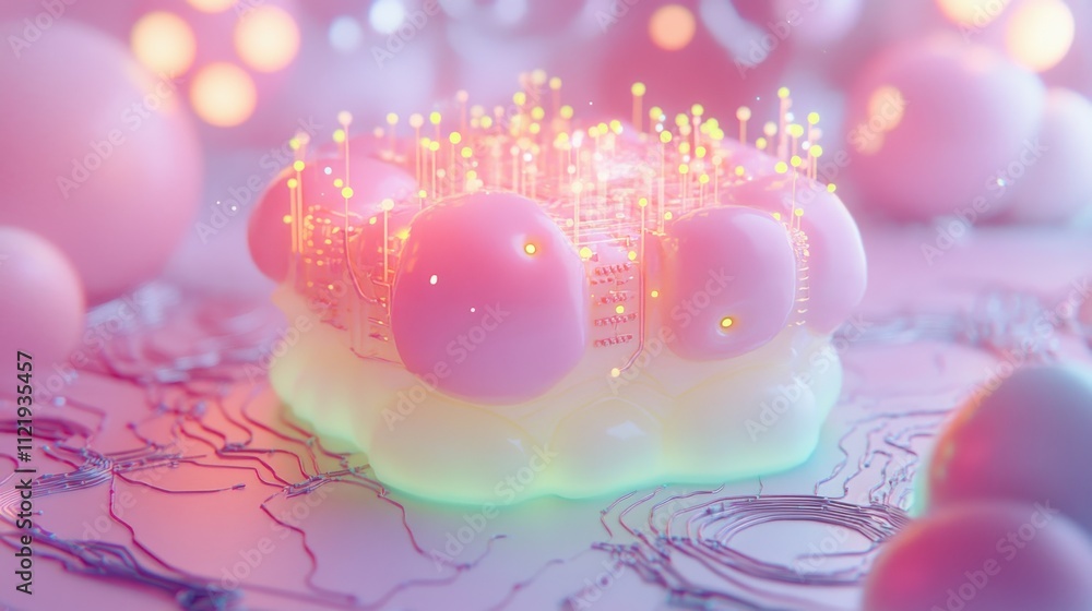 An imaginative and vibrant 3D rendering of glowing molecules and organic shapes. An imaginative and vibrant 3D rendering of glowing molecules and organic shapes.