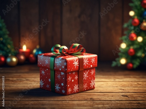 Wrapped gift box in red with green bow on wooden table. Bokeh background. enerative AI. photo