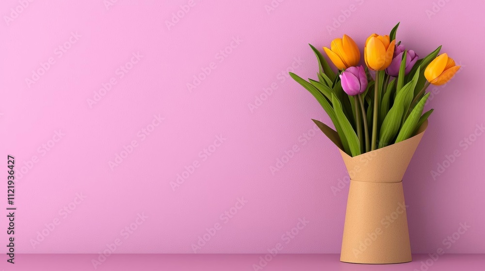 Fototapeta premium a photostock of a fresh bunch of tulips wrapped in plain brown paper, minimalist bouquet 2025
